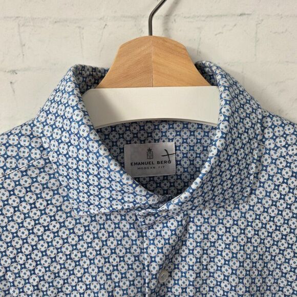 Emanuel Berg Modern Fit Dress Shirt Size L 16.5 Blue Geometric Soft Button Up - Picture 4 of 9